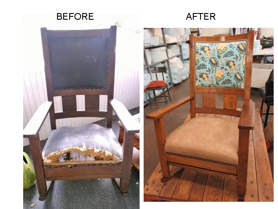 Before and after comparison of a wooden chair with fabric coverings.